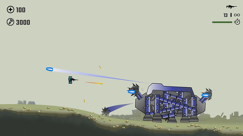 2D screenshot of a character shooting at a machine with 6 legs.  The machine is shooting lasers and a saw blade towards the character.