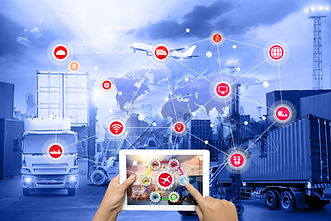 Hand holding tablet is pressing button on touch screen interface in front Logistics Indust