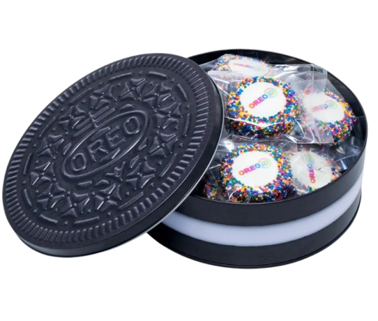Round Oreo tin with colorful sprinkle cookies. Lid is labeled "Oreo". Cookies in clear wrappers, creating a festive mood.