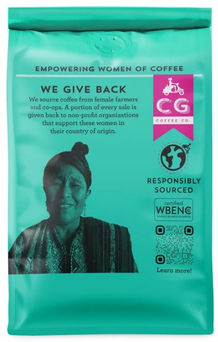 Teal coffee bag with a smiling woman, pink "CG Coffee Co." logo, and text: Empowering Women of Coffee, We Give Back, Responsibly Sourced.