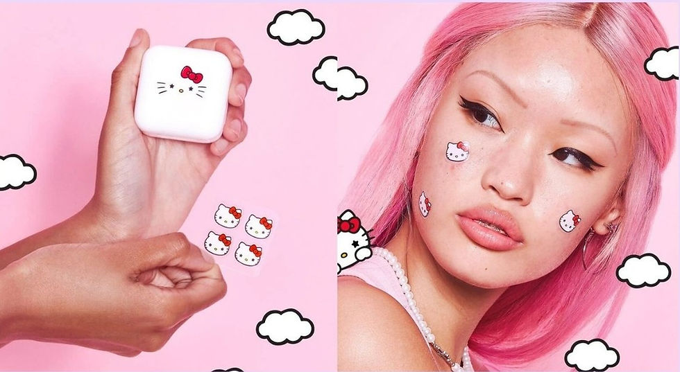 Pink-haired person with Hello Kitty Starface stickers on face, holding a Hello Kitty case and stickers . Pink background with white clouds.