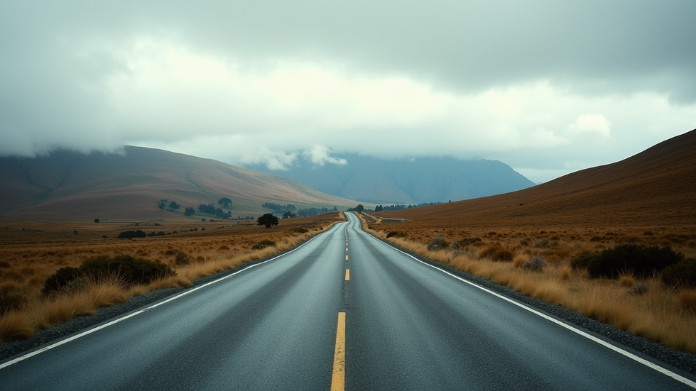 Eye-level view of a winding road through New Zealand countryside