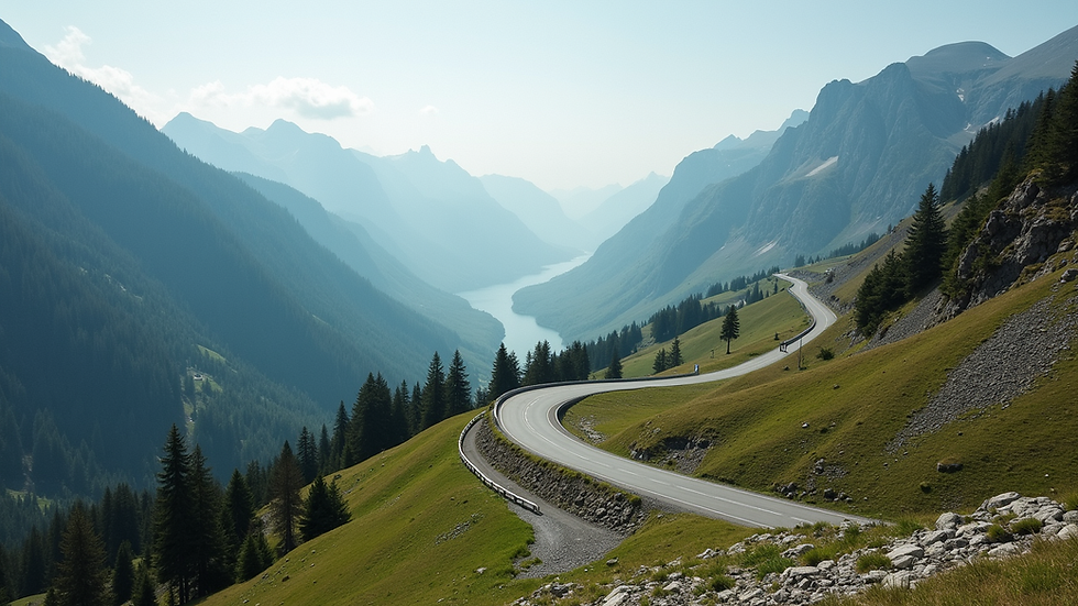 High angle view of mountain road winding through alpine landscape