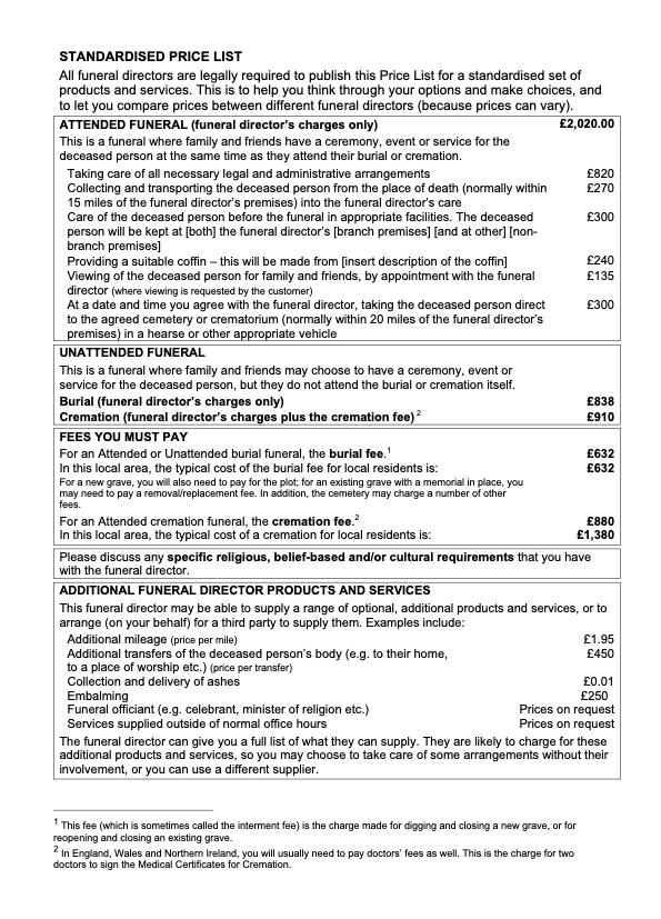 Standardised Price List 1st April 2026