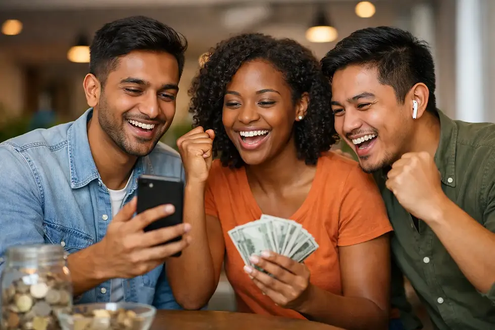 Diverse group of young adults celebrating together while checking their phone discovering how background apps can pay rewards