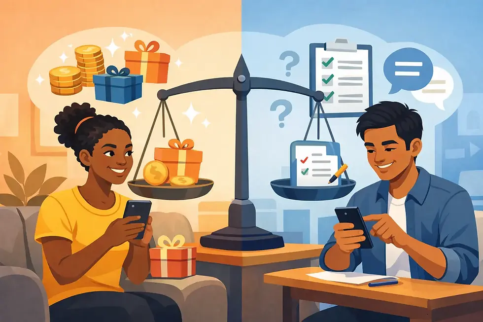 A young woman and man using smartphones either side of a balance scale weighing mobile rewards against survey apps
