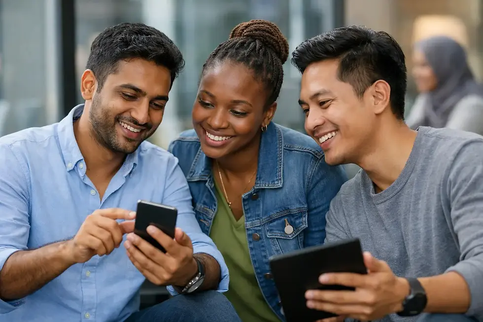 Diverse group of young adults holding smartphones outdoors in an urban setting exploring how to join a telecom verification network