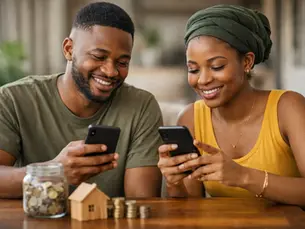 Smiling Nigerian couple using a smartphone app for passive income and rewards in Nigeria