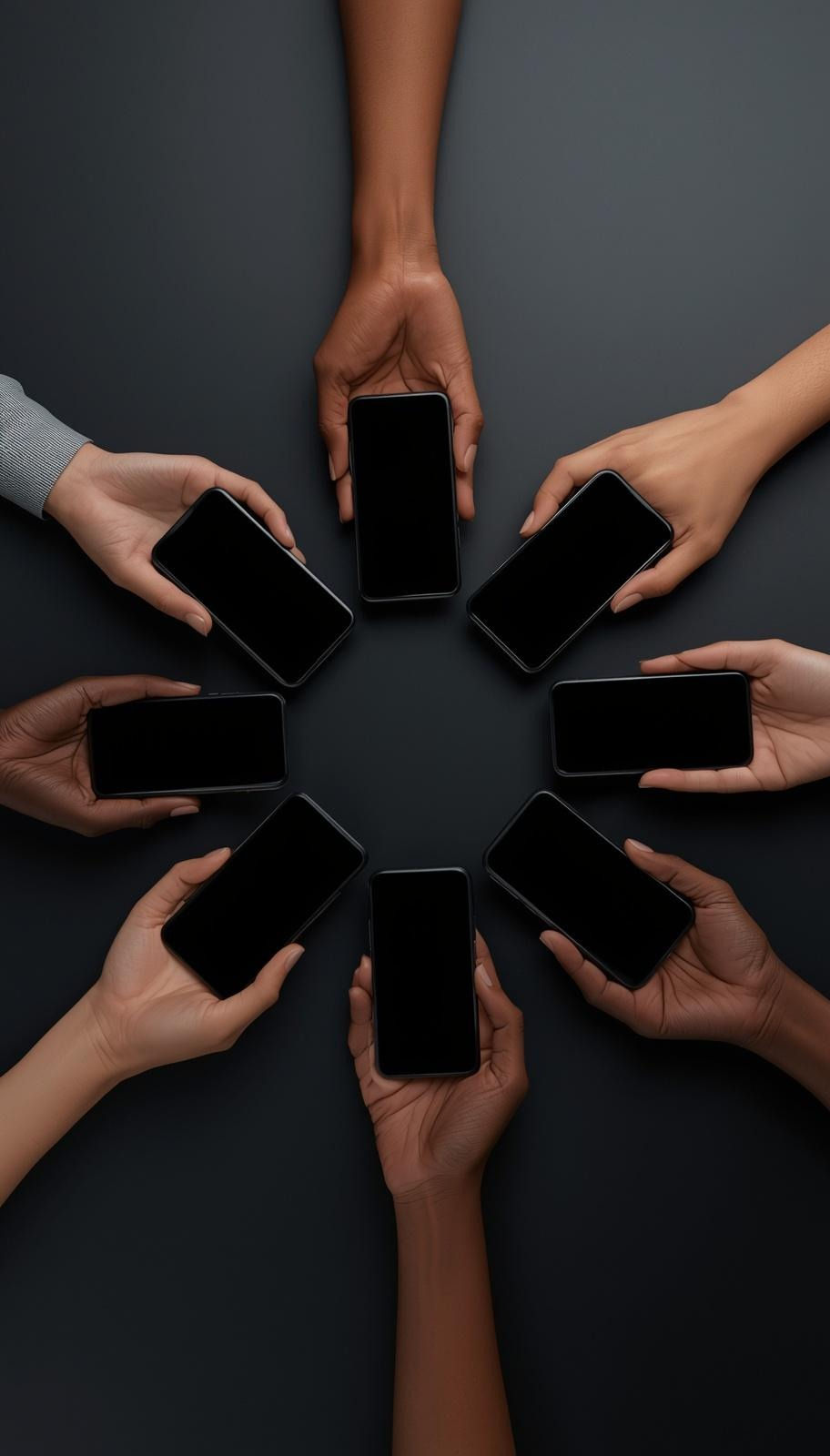 Diverse hands from different ethnicities holding smartphones in a circle on a dark surface