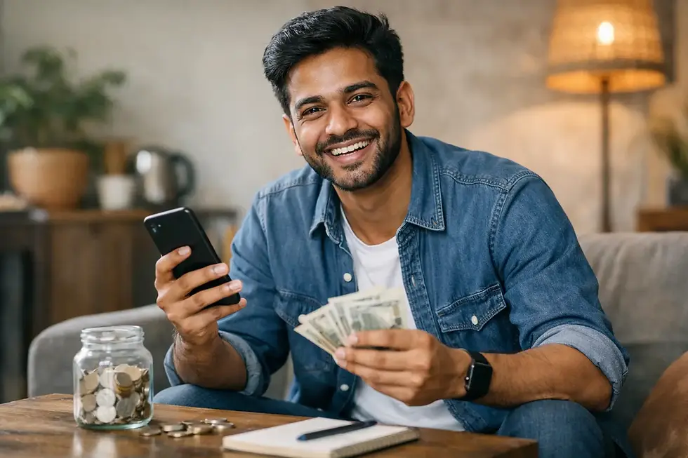 Man holding smartphone and cash earning rewards from phone uptime