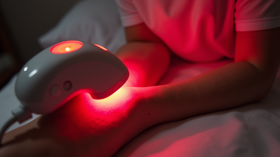 High angle view of a person using a handheld red light therapy device on their arm
