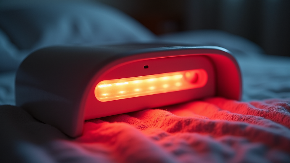 Close-up view of a red light therapy device emitting light