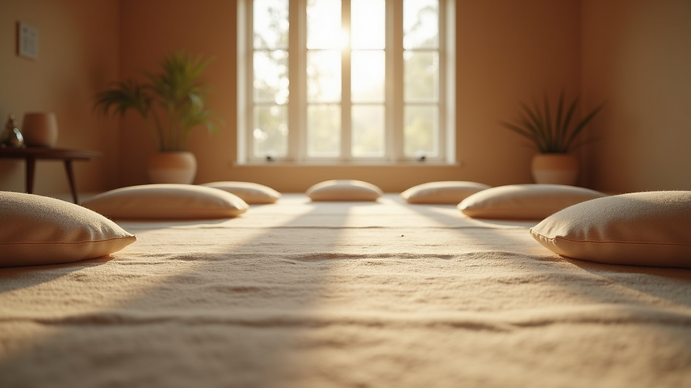 Eye-level view of a peaceful meditation space with cushions and soft lighting