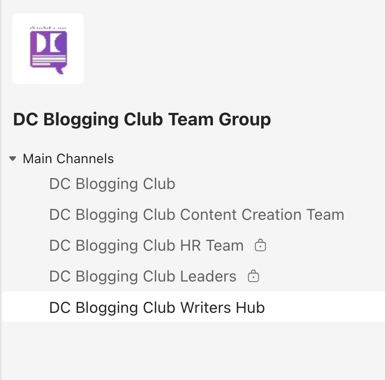 DC Blogging Club Team Group interface showing main channels: Blogging Club, Content Creation, HR Team, Leaders, Writers Hub.