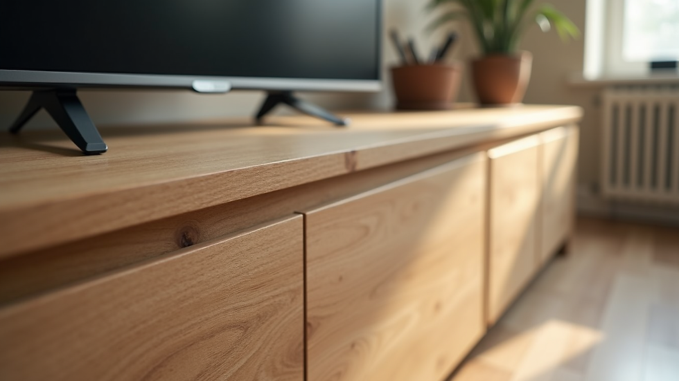 Close-up view of natural wood texture on a TV unit surface