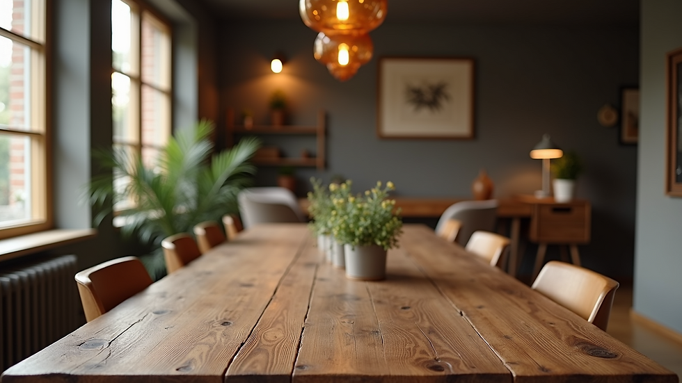 High angle view of a rustic custom wooden dining table set in a cozy dining room
