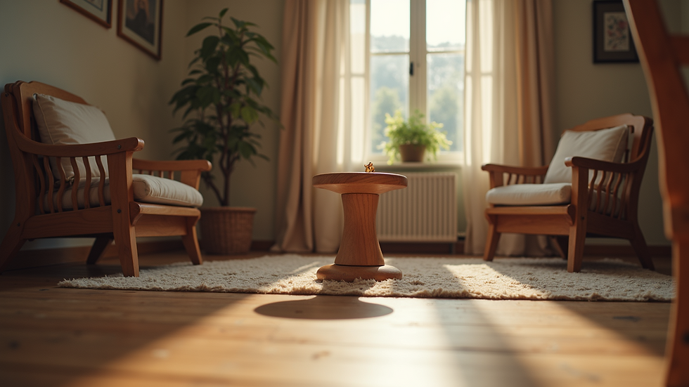Eye-level view of handcrafted wooden furniture in a cozy living room