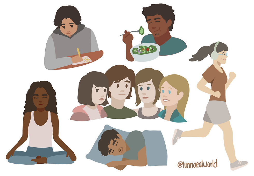 Ilustración de personas diversas: alguien escribe, otro come ensalada, una mujer corre y otros meditan; fondo blanco, @lunnaeatworld