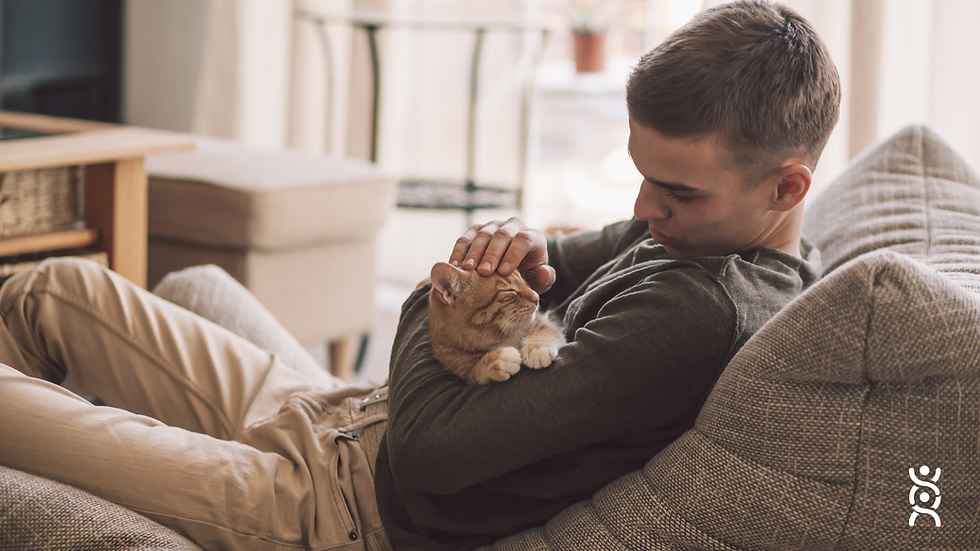 Joven acostado en un sofá acaricia a un gato naranja en sus brazos. Interior acogedor y luz suave. Ambos parecen relajados y felices.