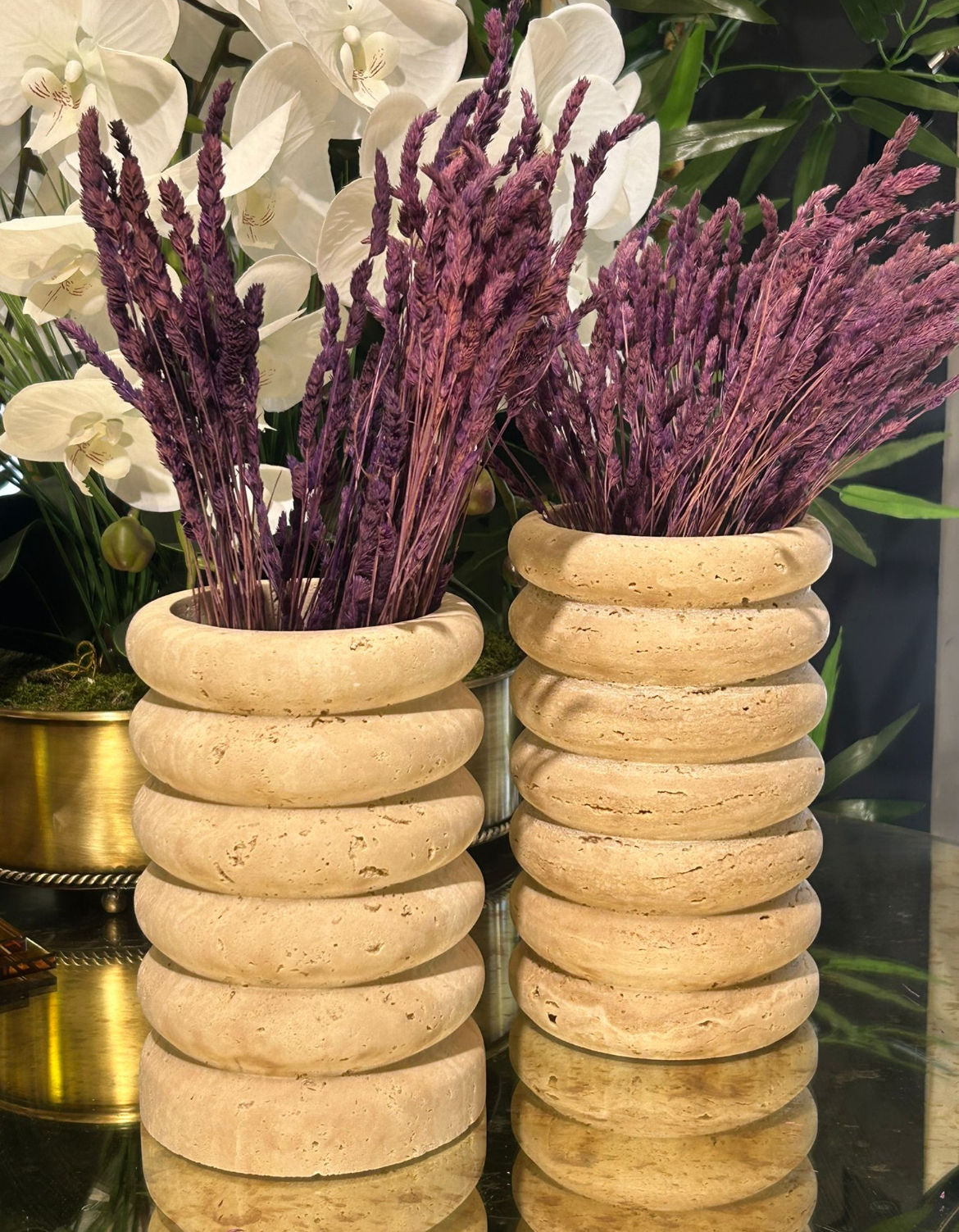 İkili traverten oval vazo set