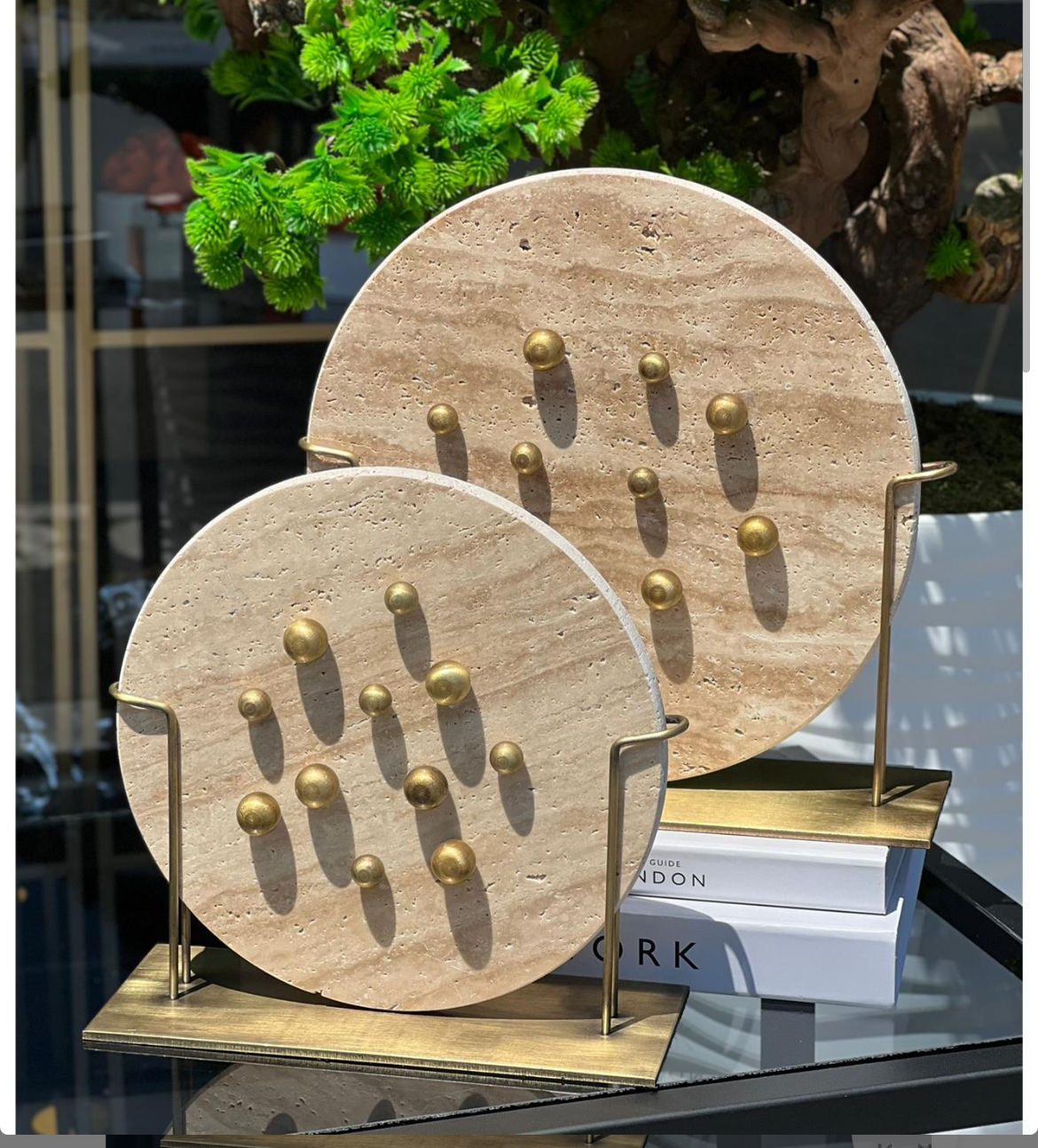 Traverten pirinç top detaylı ikili set dekoratif obje 