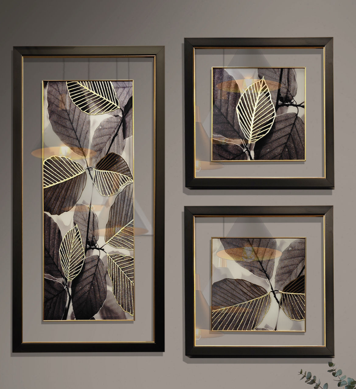 3’lü set gold yaprak detaylı dekoratif tablo 