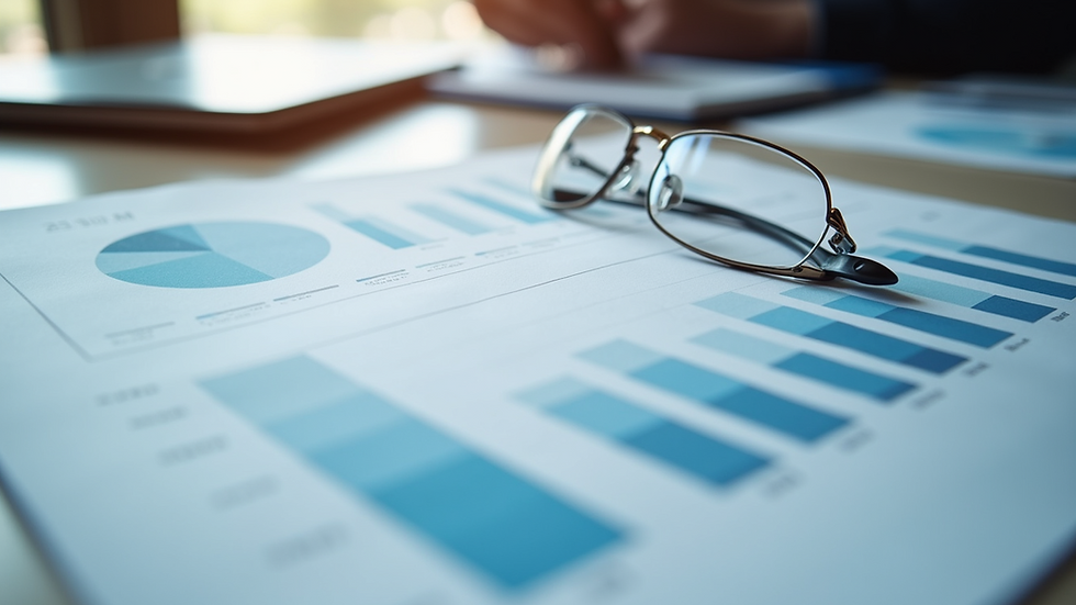 Eye-level view of a financial report with graphs and charts
