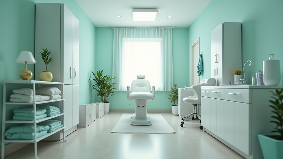 eye-level view of a neatly arranged treatment room with calming colors