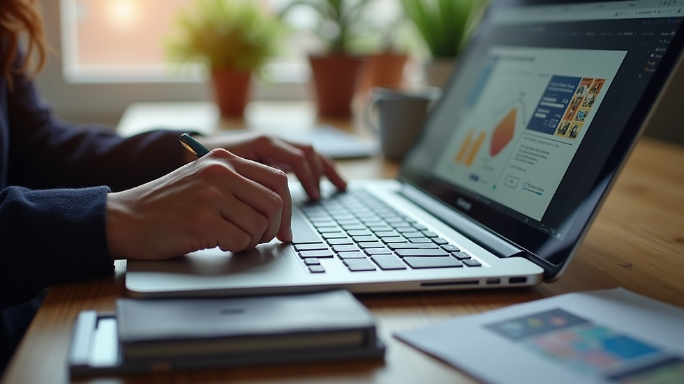 close-up view of a person designing a flyer on a laptop with design software open