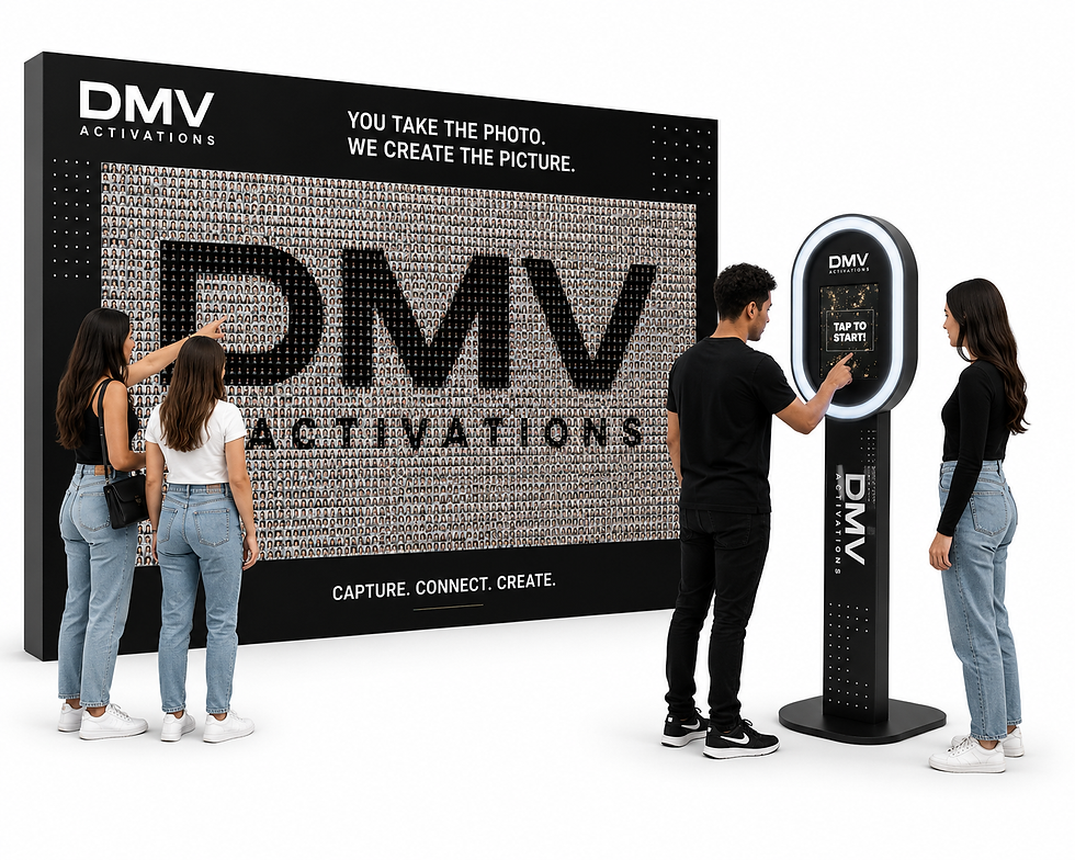 DMV Activations branded photo booth and mosaic wall experience for corporate events, trade shows, conferences, sports activations, and experiential marketing campaigns in Washington DC, Maryland, Virginia, and Baltimore.