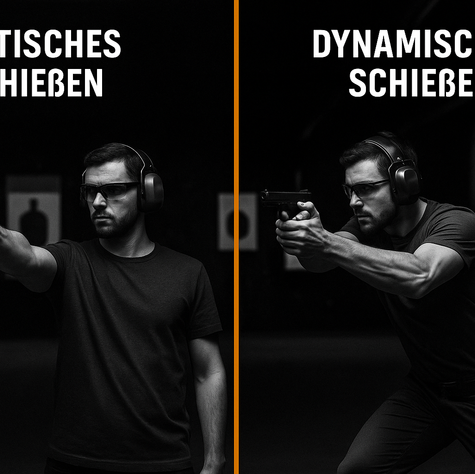 Schwarz-weiß-Foto eines Sportschützen beim statischen Schießen mit einer Kurzwaffe: Er steht aufrecht an der Feuerlinie, den Arm mit der Pistole ausgestreckt, und trägt Gehörschutz sowie Schutzbrille, während er ruhig auf die Zielscheibe zielt.