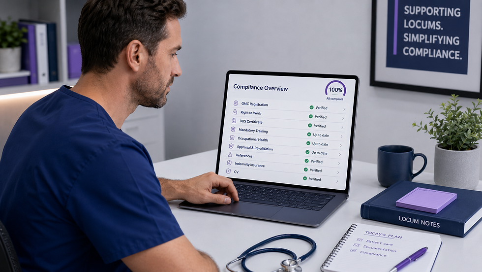 Doctor organising GMC, right to work, DBS and training documents for locum compliance.