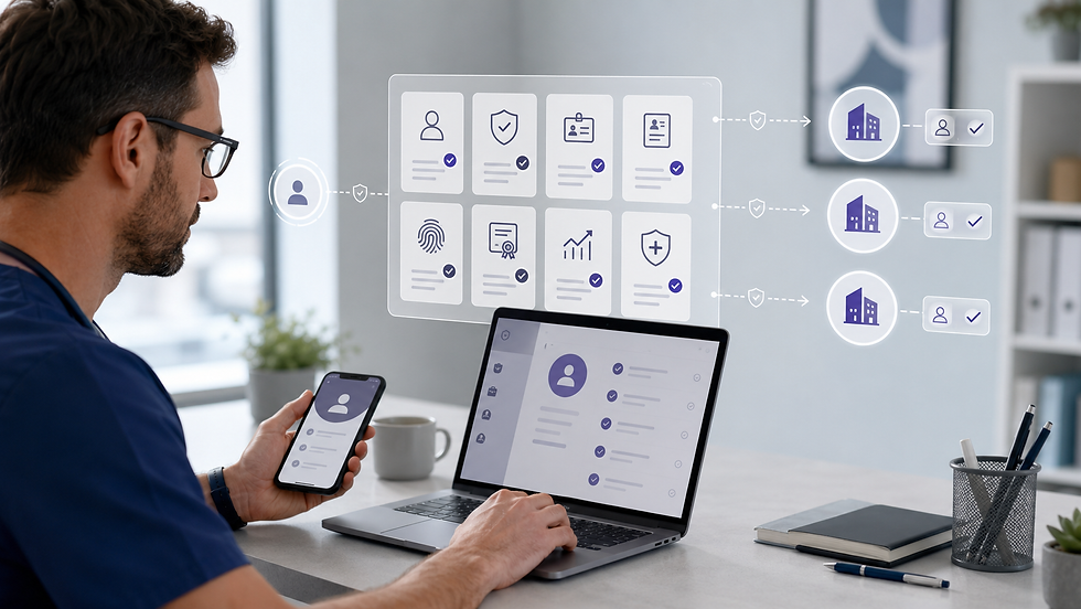 UK locum doctor securely sharing an organised digital compliance profile with multiple agencies.