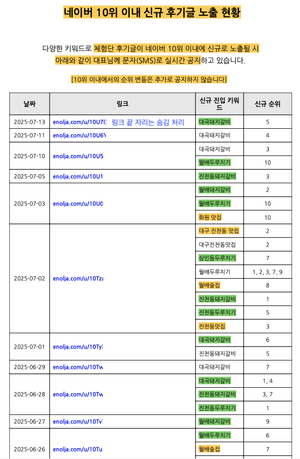 특정 키워드로 검색시 네이버>블로그 10위 이내 이놀자 데뷰 후기 노출 현황