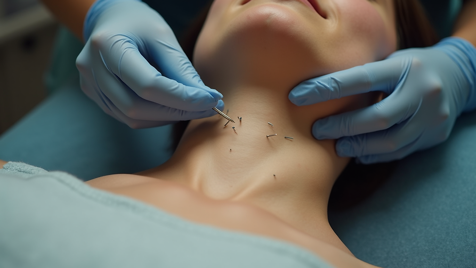 Close-up view of acupuncture needles placed near the jaw area
