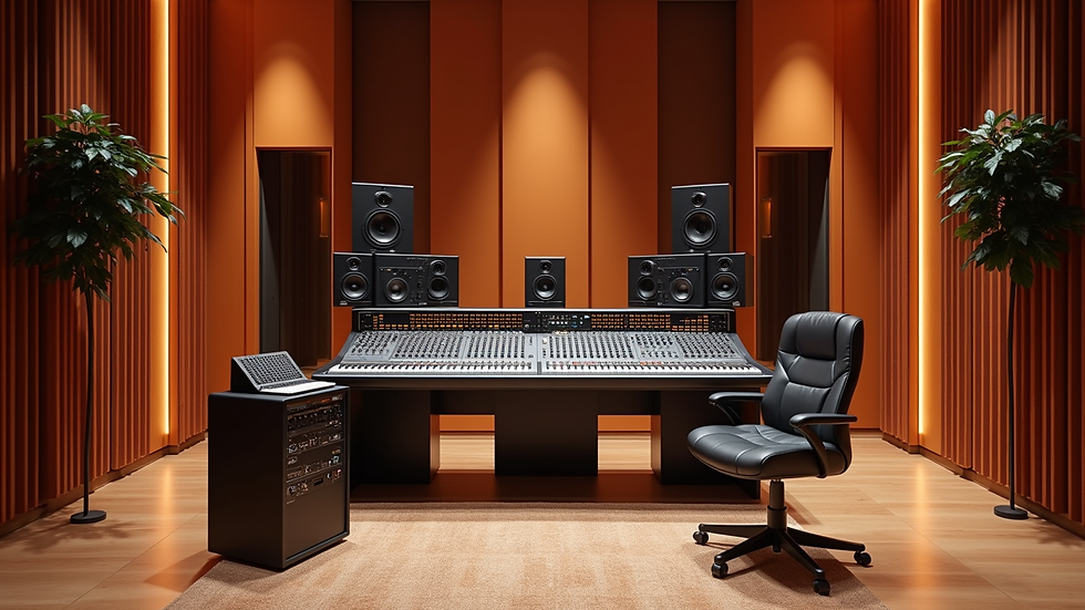Wide angle view of a modern recording studio with mixing desk and soundproof walls