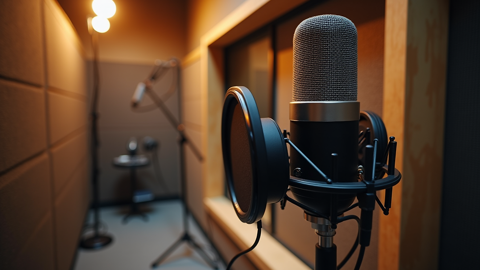 Eye-level view of a soundproof recording booth with a microphone and headphones