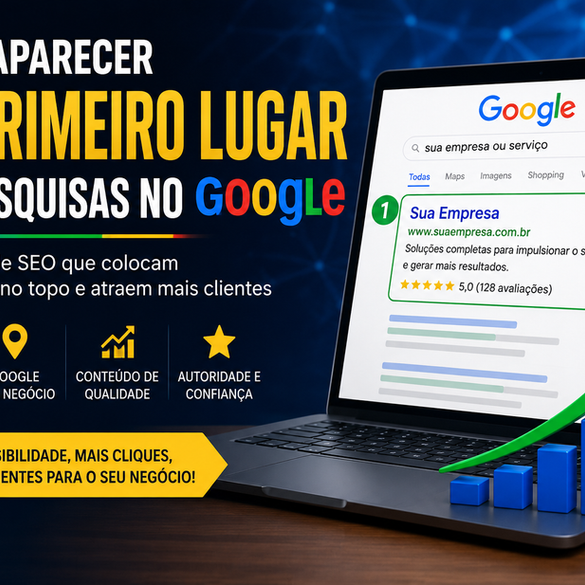 Banner de SEO com notebook exibindo Google e seta de crescimento; texto: Como aparecer em primeiro lugar nas pesquisas no Google.