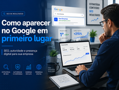 Homem analisa laptop com gráficos de SEO; tela diz Como aparecer no Google em primeiro lugar, em escritório moderno.