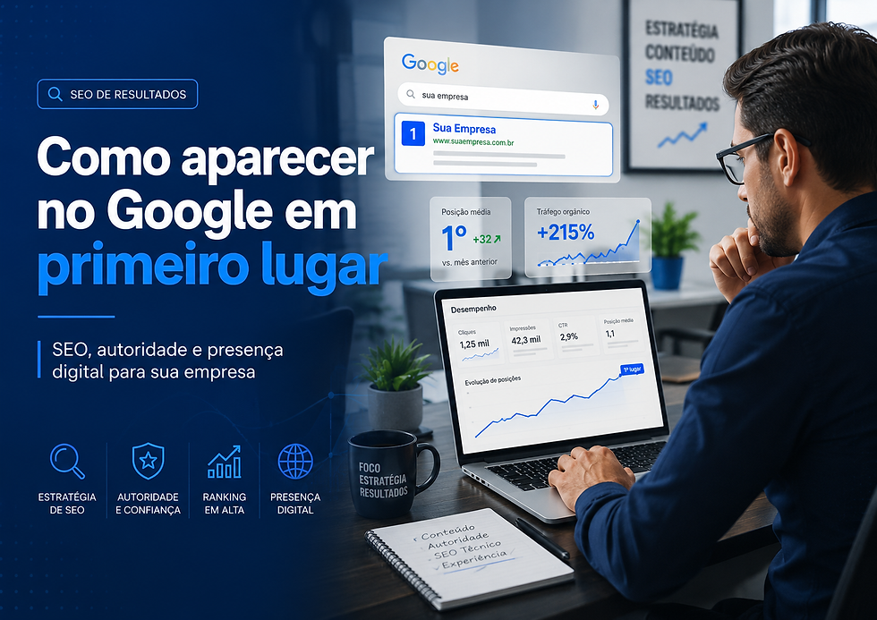 Homem analisa laptop com gráficos de SEO; tela diz Como aparecer no Google em primeiro lugar, em escritório moderno.
