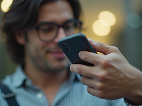 Close-up de empresário pesquisando sua empresa no Google pelo celular