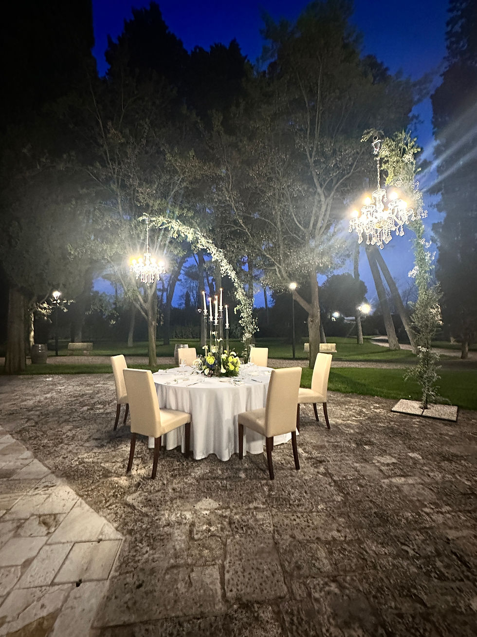 Garden prepared for hosting a dinner under the stars.