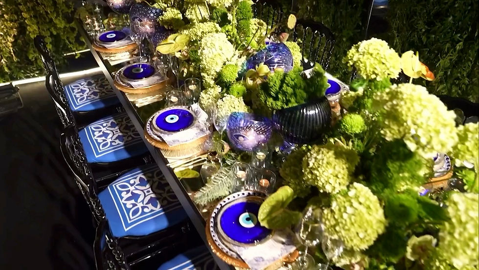 Evil Eye plates derating a beautiful table in contrast with green hydrangeas flowers.