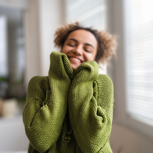 A person in a green sweater smiles joyfully, hands covering cheeks. They're in a cozy room with potted plants and books by large windows.