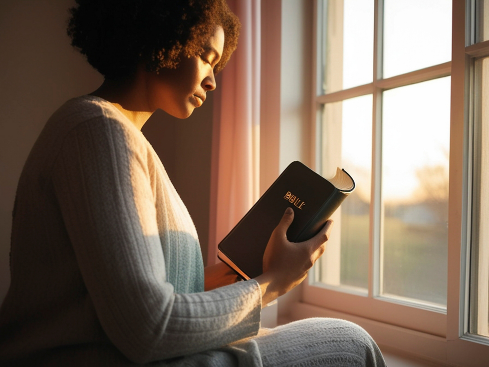 Woman reading a Bible by a sunlit window, wearing a light sweater. Warm glow and peaceful atmosphere.
