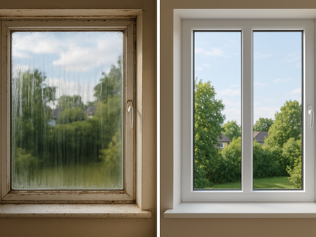 Comparison showing foggy, condensation-filled old window next to crystal clear new energy-efficient window with the same outdoor view