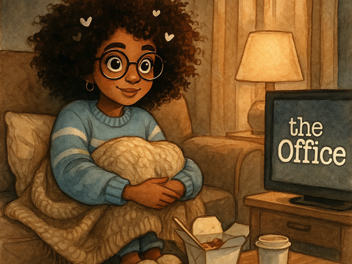 A person with curly hair and glasses, wrapped in a blanket, watches "The Office" on TV. Takeout and coffee sit on the table. Cozy ambiance.