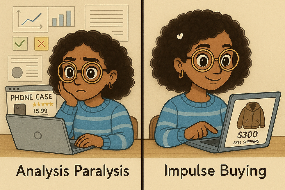Split comparison showing person overwhelmed researching small purchase versus confidently making expensive impulse buy