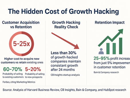 Infographic on growth hacking costs: higher customer acquisition costs, <30% growth sustain, 25-95% profit from retention. Green/red text.