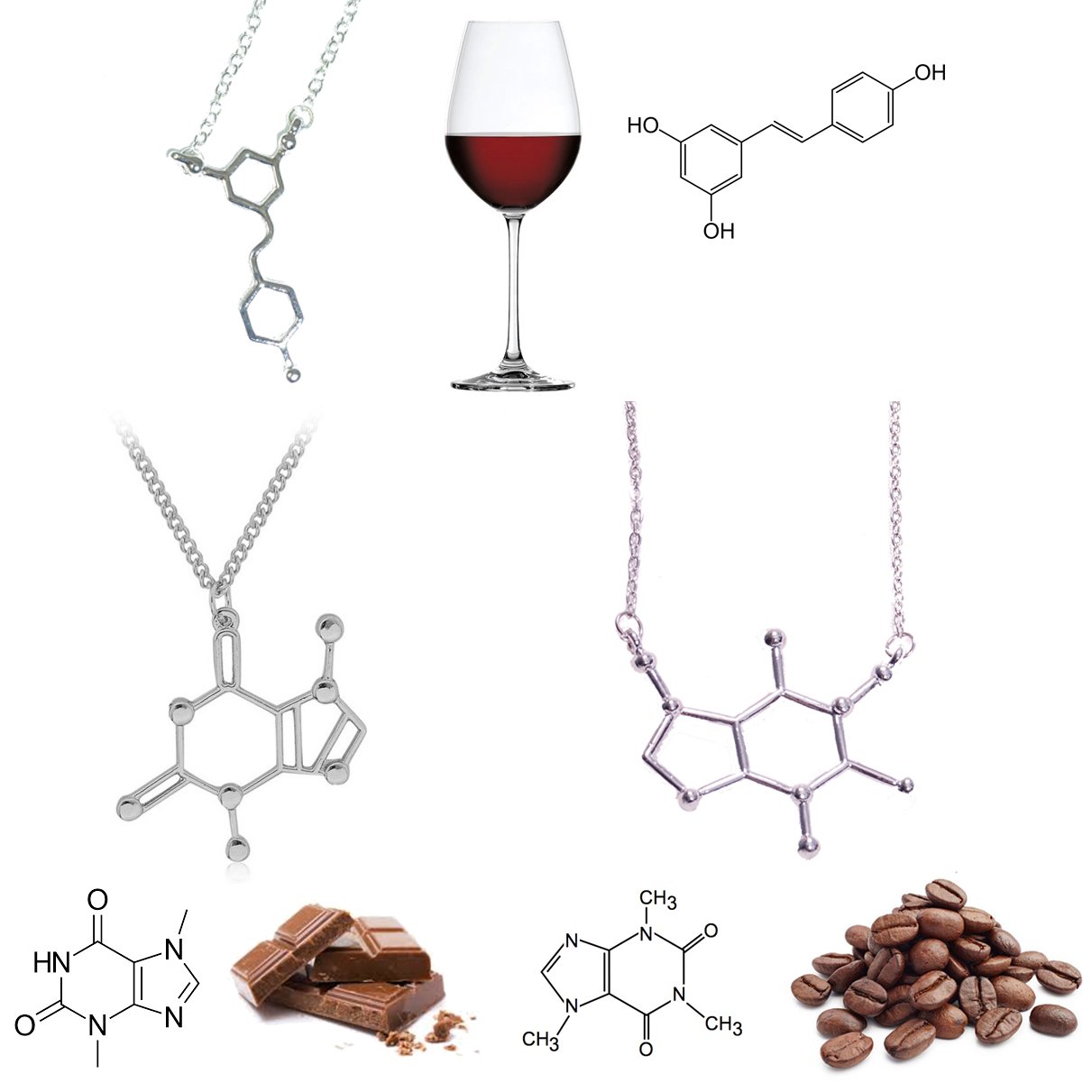 Pendentifs molécules alimentaires (café, vin, chocolat)